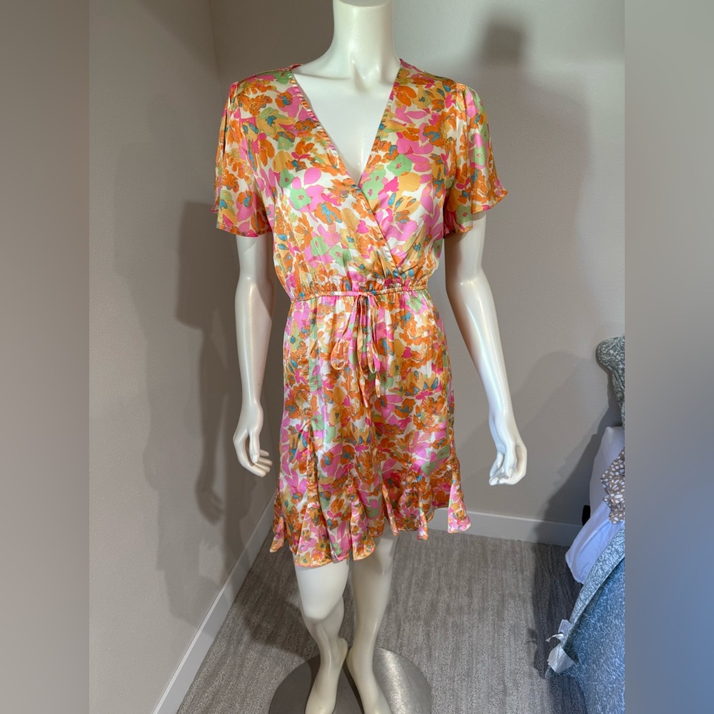 Sunset Flower Print Empire Waist Satin Short Dress